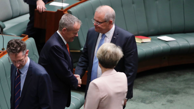 Scott Morrison went and shook the hand of Bill Shorten before formalities started on Tuesday. 