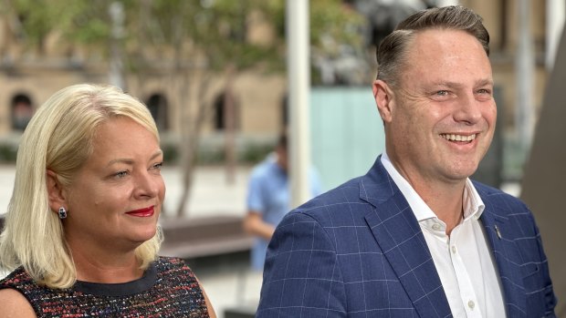 Lord Mayor Adrian Schrinner celebrates his re-election on Sunday with Deputy Mayor Krista Adams.