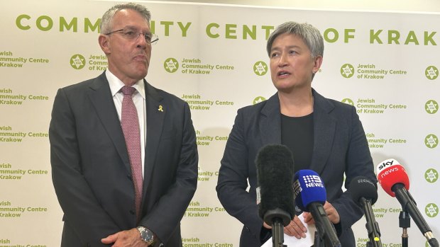 Mark Dreyfus and Penny Wong at Krakow, Poland, on Sunday.