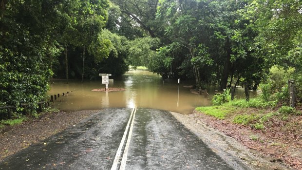 The Behana Creek causeway on Sunday morning, where councillor Brett Moller rescued a woman who drove into the flooded causeway.