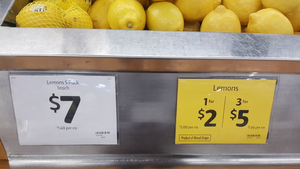 Lemon prices at a Coles supermarket in Melbourne on Tuesday. 