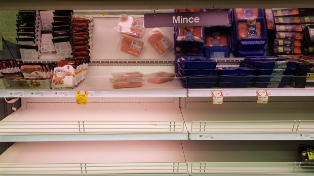 Empty meat shelves at New Farm Coles after a three-day snap COVID lockdown was announced for Brisbane. Pic taken Monday, March 29, 2021