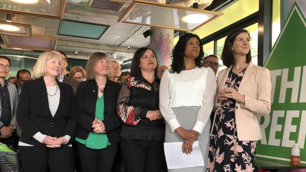 In happier times: (from left) Greens Sue Pennicuik, Samantha Dunn, Nina Springle, Samantha Ratnam and Ellen Sandell campaign in October 2018. Three of them lost their seats in November and two have since quit the party.