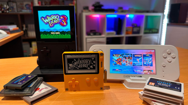 The Analogue Pocket (left) works with retro cartridges, the yellow Playdate is a platform for quirky indies, and the Evercade EXP has a library of arcade and old-school games on new cartridges.