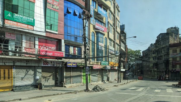 The empty streets of Kathmandu on the couple's arrival.