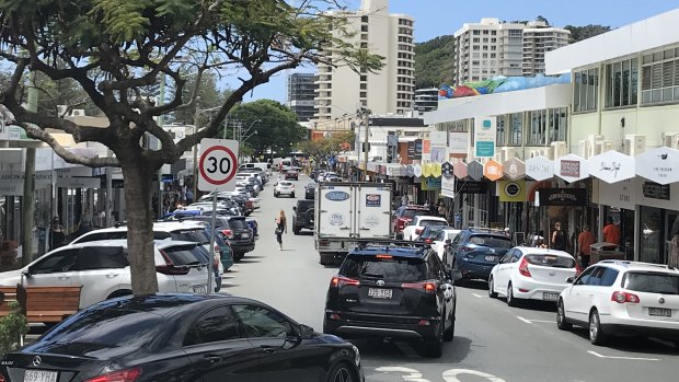 Crowded James Street in Burleigh, where parking is a premium and locals and tourists mix.