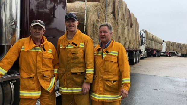 Convoys of hay at Bairnsdale, ready to distribute to farms.