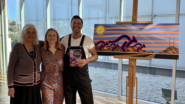 Marcia Langton with Melissa Kayser and cover artist Blak Douglas at the launch of  the youth edition of Welcome to Country in 2019.