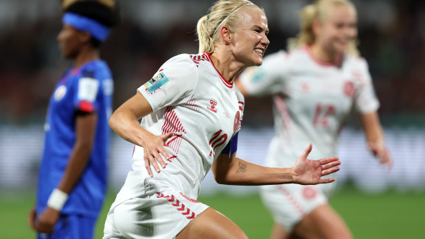 Pernille Harder of Denmark scores for her side in their 2-0 win over Haiti.