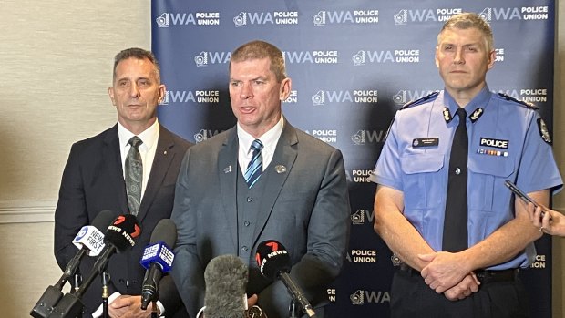 Police Minister Paul Papalia, WA Police Union president Paul Gale and Wa Police Commissioner Col Blanch.