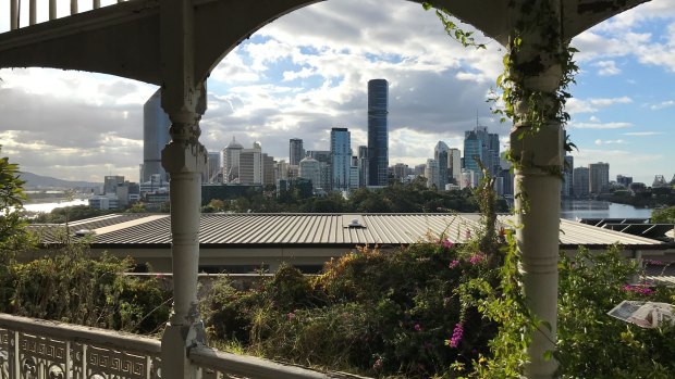 The view from the front verandah of Lamb House at Kangaroo Point, on the cliffs opposite the city.