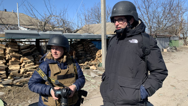 Photographer Kate Geraghty with Galloway in Ukraine in March.