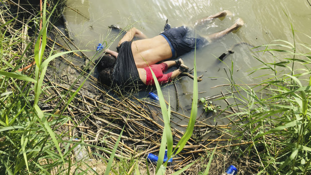 The bodies of Salvadoran migrant Oscar Alberto Martínez Ramírez and his 23-month-old daughter Valeria lie on the bank of the Rio Grande in Matamoros, Mexico.