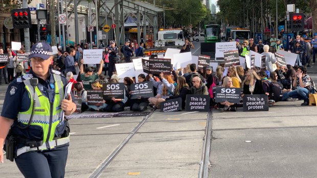 Vegan protesters block one of Melbourne's busiest intersections.