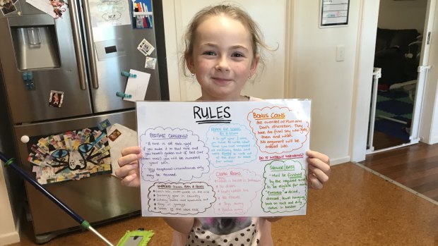 Mackenna holding up the house rules.