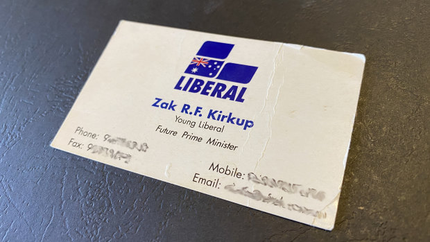 The business card WA Liberal leadership contender Zak Kirkup mailed to political reporter Gary Adshead as a teenager after handing one just like it to then Prime Minister John Howard in the early 2000s.