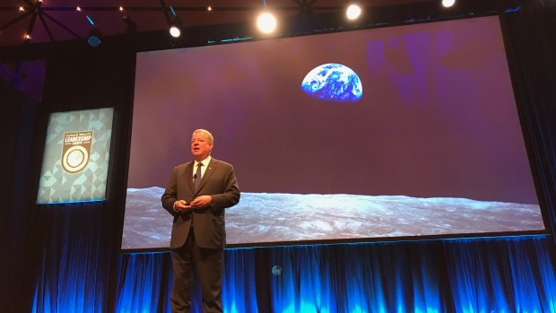 Al Gore presented an updated package highlighting heat-stressed cities and graphs which he said showed investment 
 shifts from fossil fuels to wind and solar energy in a range of countries.