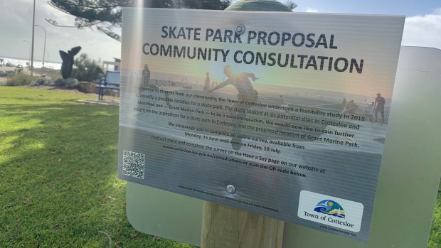A sign calling for community consultation on a planned skate park for Cottesloe. 