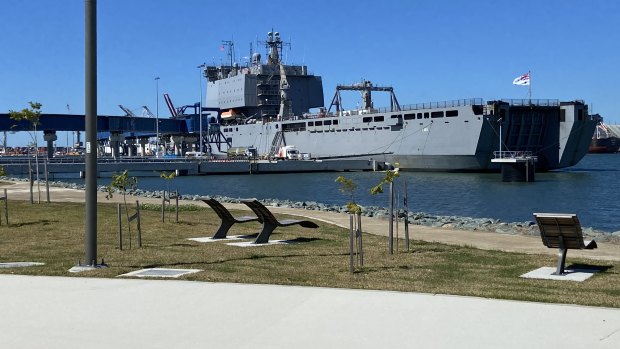 The Navy’s HMAS Choules is the first ship to berth at Brisbane International Cruise Terminal