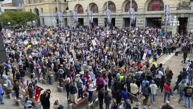 Anti-lockdown and vaccine mandate protesters gather at Forrest Place in Perth.