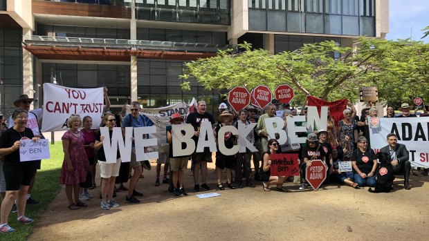 Stop Adani protesters outside the Supreme Court in Brisbane in support of Ben Pennings.