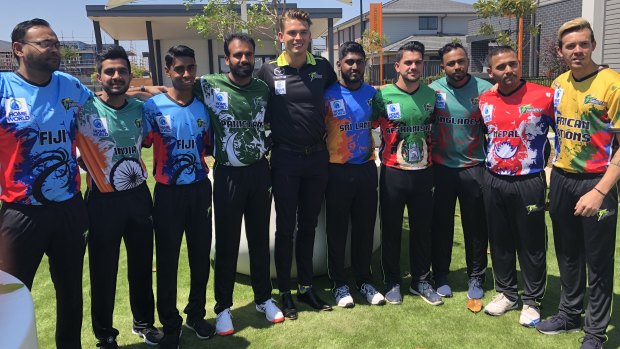 Sydney Thunder player Chris Green, centre, with captains from the teams playing in the Thunder Nation Cup.