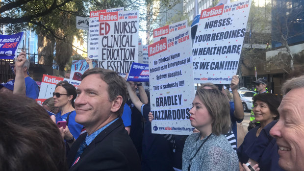 Nurses and midwives rallied outside NSW Parliament, calling for better nurse-to-patient ratios.