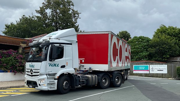 Big Coles truck arrives with groceries at their West End store.