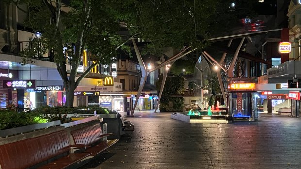 The deserted Queen Street mall in Brisbane's CBD after lockdown.