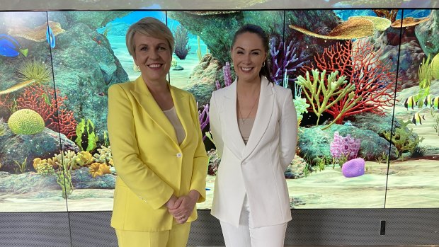 Federal Environment Minister Tanya Plibersek (left), with Queensland Environment Minister Meaghan Scanlon, announces the federal government’s new Environmental Protection Agency and the framework to tougher protections for native species.