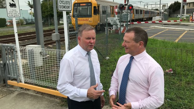 Opposition Leader Anthony Albanese and federal MP for Moreton Graham Perrett in 2019, announcing $73 million as a share of the $210 million to replace the Coopers Plains rail crossing with an overpass.