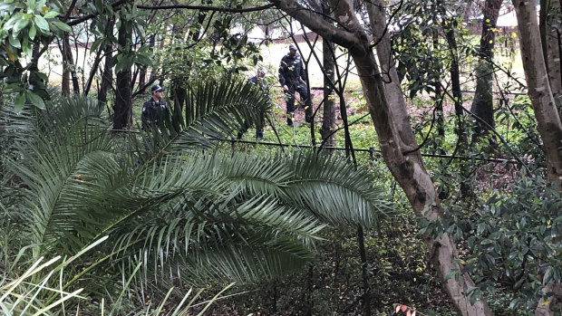 Police search along an embankment where the body was discovered.
