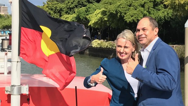 Quandamooka people's business chief executive Cameron Costello with Tourism Minister Kate Jones as Quandamooka whalewatching tours from North Stradbroke Island were launched earlier this year.