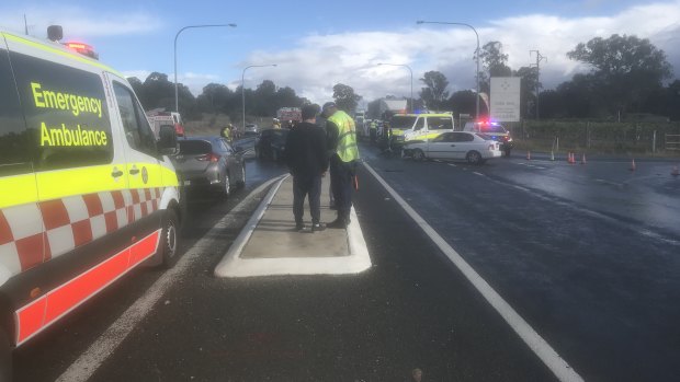 Eight people were injured in a two-car crash on the Barton Highway on Saturday.