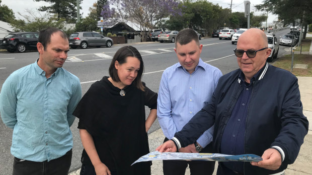 Brisbane's Dornoch Terrace residents Shem Guthrie, Sarah Foley, Andrew Millard and Rob Freeman question plans to remove 115 car spaces.