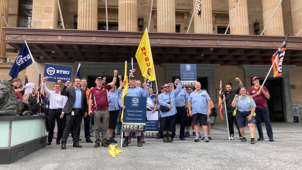 RTBU members and supporters rallying in King George Square with Brisbane City Council Labor Leader Jared Cassidy on Tuesday. 