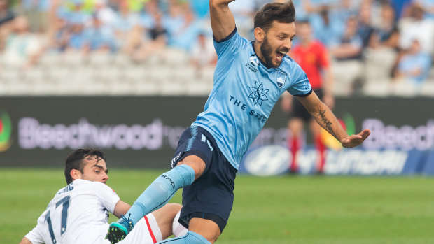 Marginal call: Milos Ninkovic goes down after contact with Adelaide's Nikola Mileusnic, leading to the opening goal from a free kick.