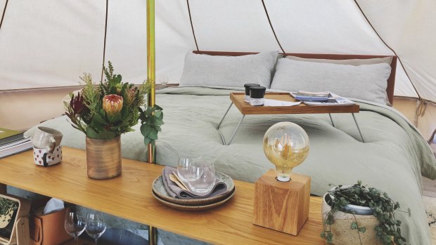Inside The Naked Cubby, the new glamping experience at Mount Majura Vineyard. 