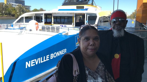 Neville Bonner’s granddaughter Christine Bonner and grandson David Bonner at the dedication of Brisbane’s newest CityCat, named the Neville Bonner.