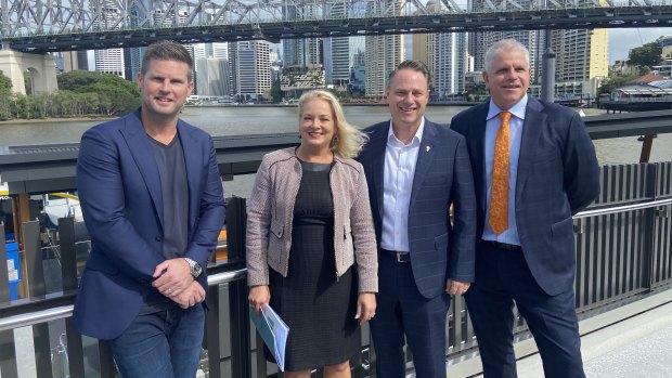 Howard Smith Wharves chief executive Luke Fraser, Deputy Mayor Krista Adams, Lord Mayor Adrian Schrinner and Brisbane Economic Development Association chief executive Anthony Ryan at the prospectus’s launch.