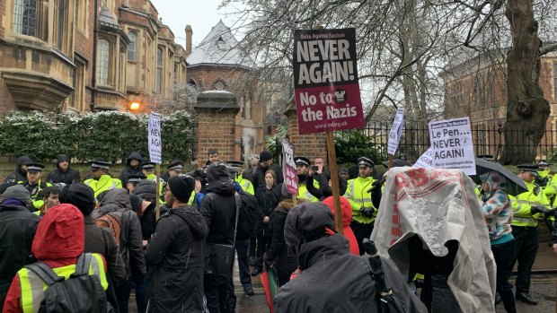 Protesters rally at Oxford Union ahead of Marechal's talk.