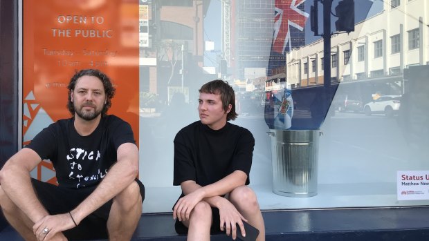 Griffith University artists Matthew Newkirk  (left) and Aden Sargeant say the Premier's office tried to close down their exhibition in Fortitude Valley. 