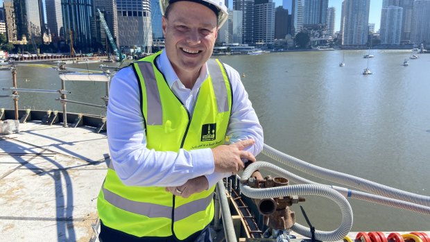 Lord Mayor Adrian Schrinner on top of the $300 million Brisbane CBD to Kangaroo Point pedestrian and cycling bridge, set to open before Christmas 2024.
