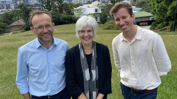Greens leader Adam Bandt with new MPs Elizabeth Watson-Brown and Max Chandler-Mather.
