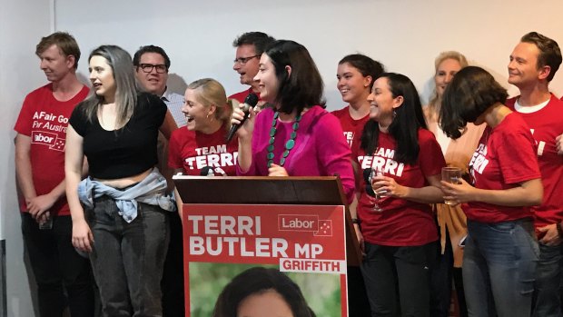 Terri Butler celebrates a rare win for Labor in Queensland in the Brisbane electorate of Griffith.