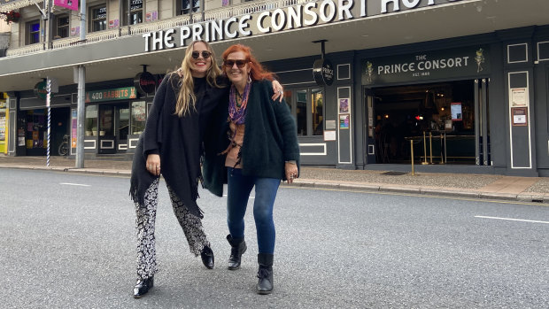 Singer-songwriter Jamie-Lee Dimes with Minnie Yorke outside the Prince Consort Hotel.