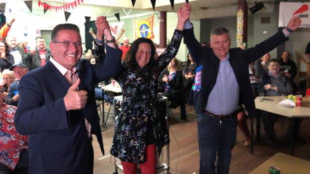 Three labor candidates celebrating the win. New South Barwon MP Darren Cheeseman (right) with Geelong MP Christine Couzens and Lara MP John Eren.