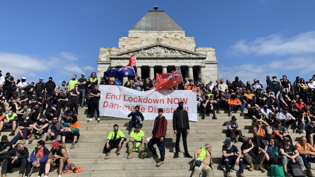 Protesters want to leave the Shrine of Remembrance the way they came. 