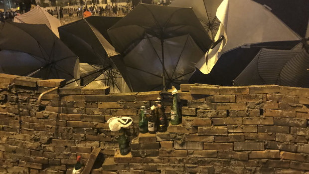 Polytechnic students built new brick walls to barricade the campus on Thursday night.