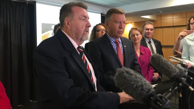 Ipswich councillor Paul Tully and Acting Mayor Wayne Wendt at a press conference on Wednesday.